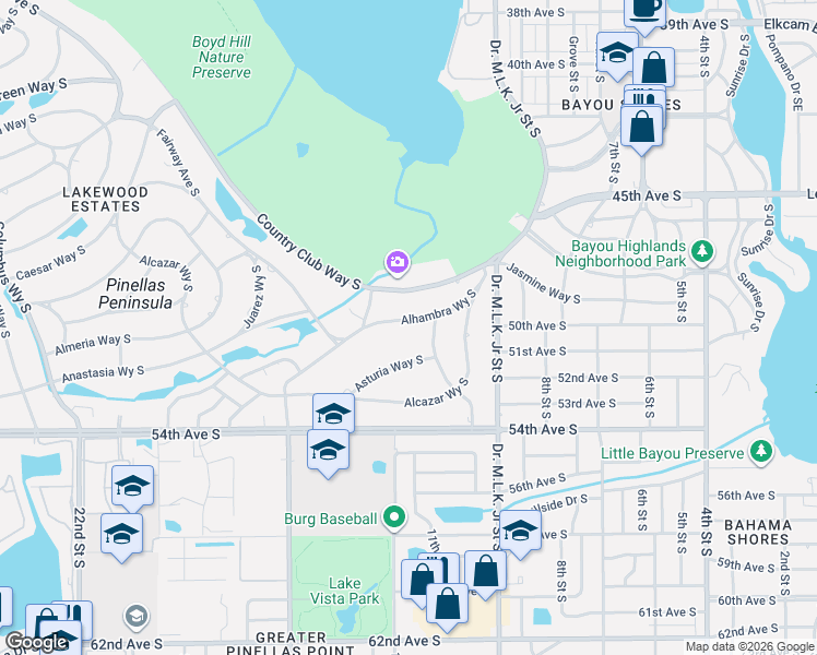 map of restaurants, bars, coffee shops, grocery stores, and more near 1128 Alhambra Way South in St. Petersburg