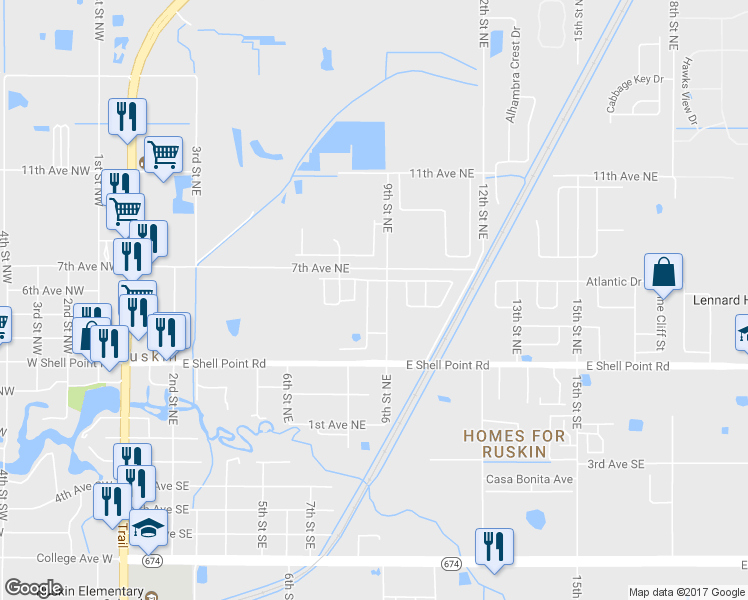 map of restaurants, bars, coffee shops, grocery stores, and more near 503 Delwood Breck Street in Ruskin