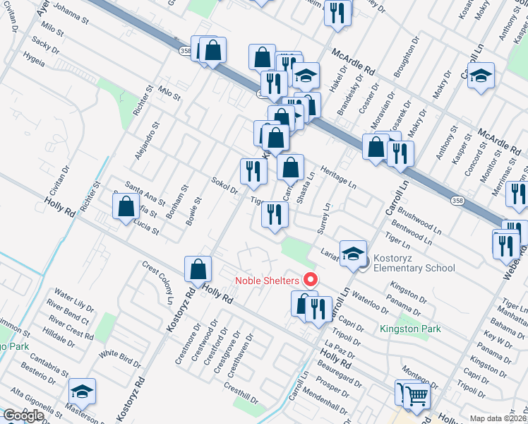 map of restaurants, bars, coffee shops, grocery stores, and more near 5409 Hitching Post Lane in Corpus Christi