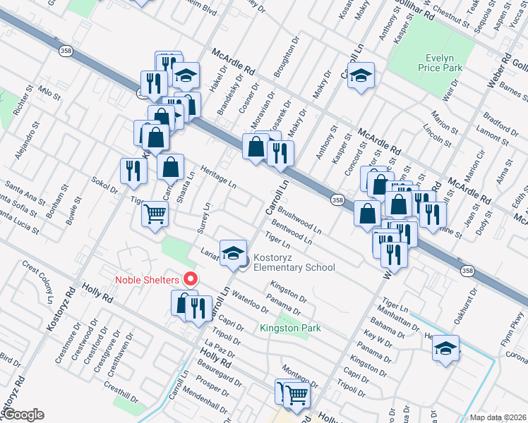 map of restaurants, bars, coffee shops, grocery stores, and more near 3601 Brushwood Lane in Corpus Christi