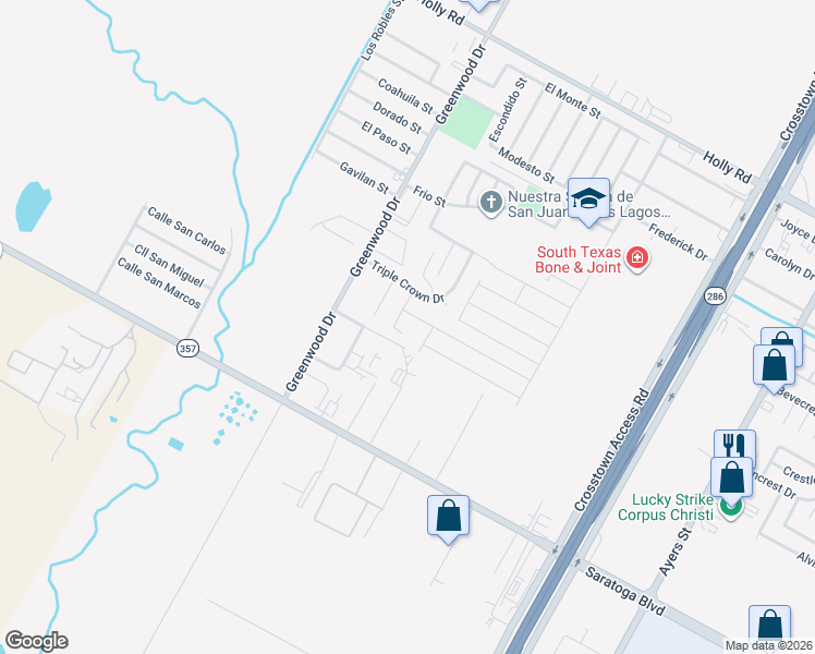 map of restaurants, bars, coffee shops, grocery stores, and more near 6322 Preakness Circle in Corpus Christi