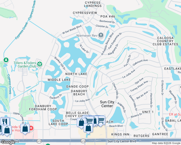 map of restaurants, bars, coffee shops, grocery stores, and more near 1609 North Pebble Beach Boulevard in Sun City Center