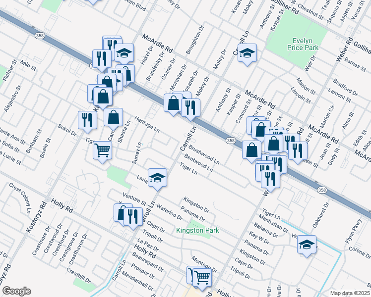 map of restaurants, bars, coffee shops, grocery stores, and more near 3601 Brushwood Lane in Corpus Christi