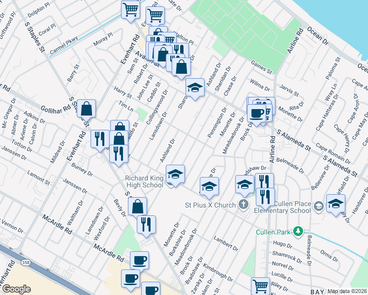 map of restaurants, bars, coffee shops, grocery stores, and more near 721 Sheridan Drive in Corpus Christi