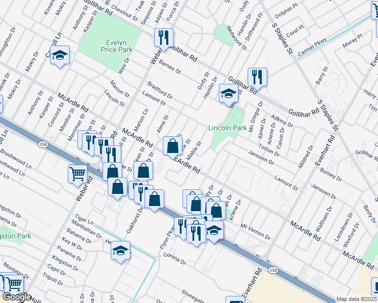 map of restaurants, bars, coffee shops, grocery stores, and more near 4817 Mable Street in Corpus Christi