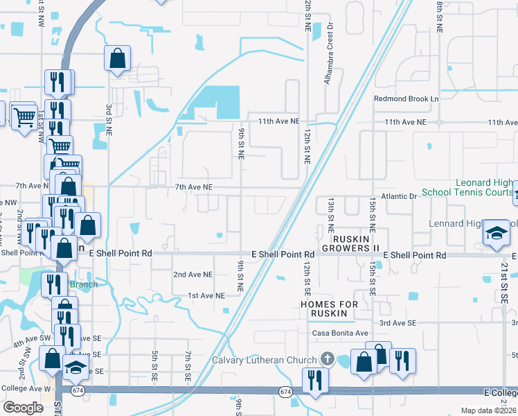 map of restaurants, bars, coffee shops, grocery stores, and more near 1219 Barclay Wood Drive in Ruskin