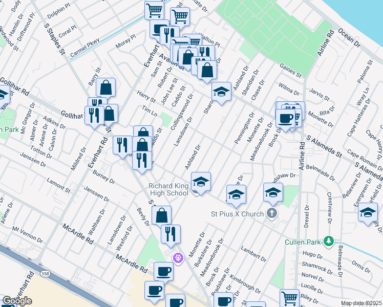 map of restaurants, bars, coffee shops, grocery stores, and more near 738 Ashland Drive in Corpus Christi