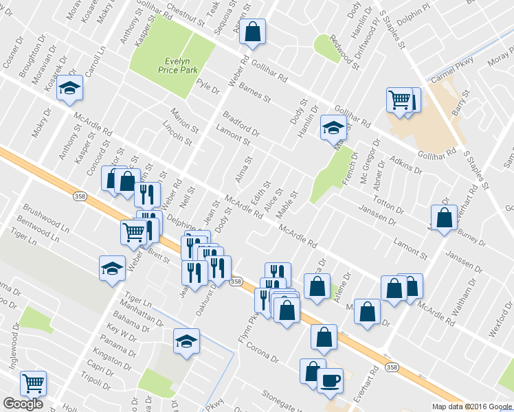 map of restaurants, bars, coffee shops, grocery stores, and more near 4830 Edith Street in Corpus Christi