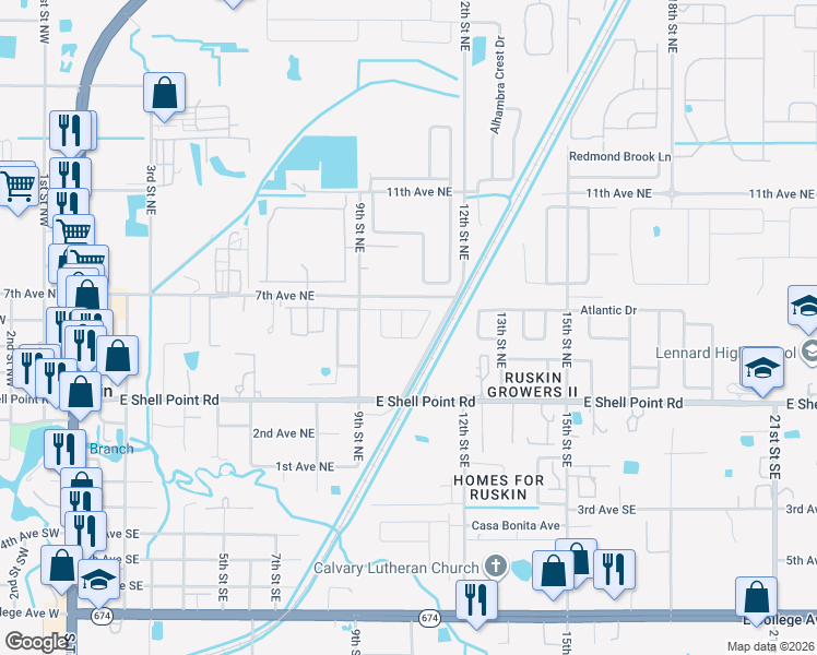 map of restaurants, bars, coffee shops, grocery stores, and more near 503 Caribe Ridge Way in Ruskin