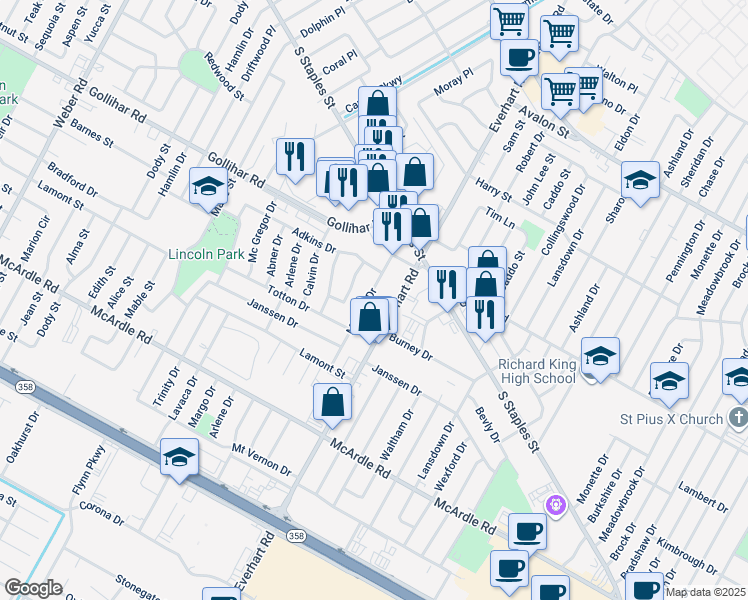 map of restaurants, bars, coffee shops, grocery stores, and more near 4622 Mildred Drive in Corpus Christi