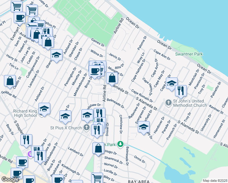 map of restaurants, bars, coffee shops, grocery stores, and more near 4855 South Alameda Street in Corpus Christi
