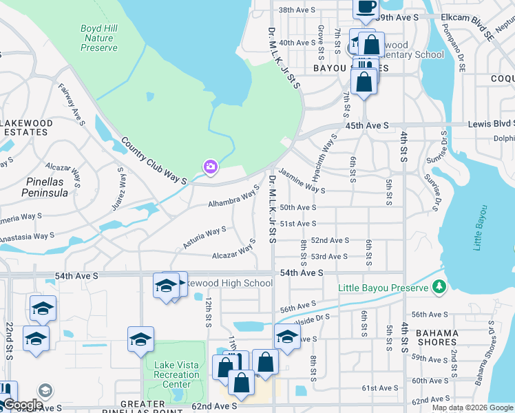 map of restaurants, bars, coffee shops, grocery stores, and more near 930 Alcazar Way South in St. Petersburg
