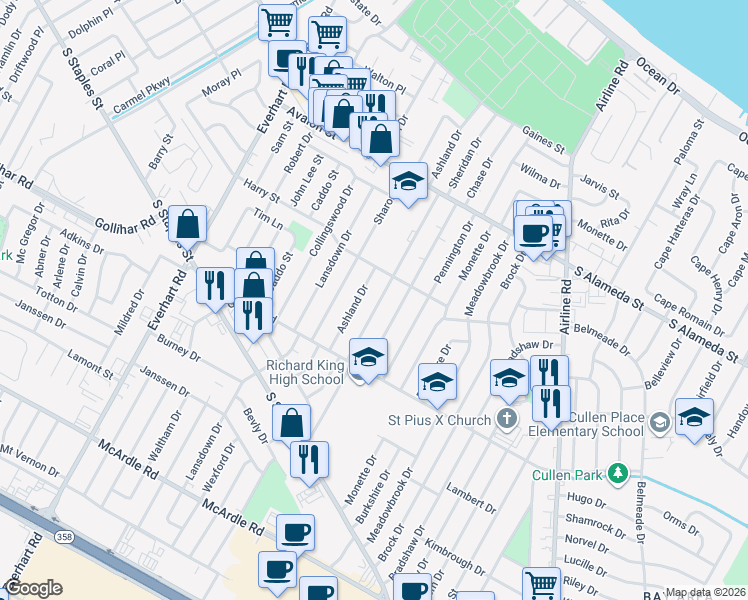 map of restaurants, bars, coffee shops, grocery stores, and more near 721 Sheridan Drive in Corpus Christi