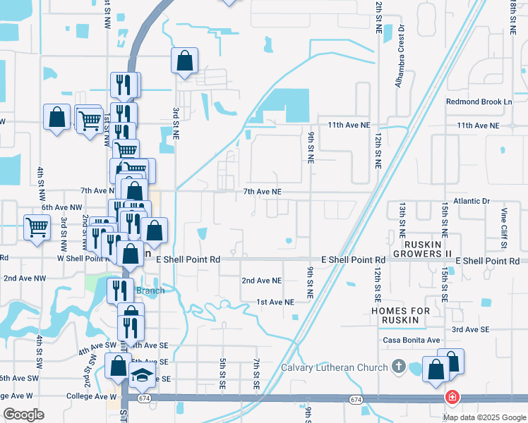 map of restaurants, bars, coffee shops, grocery stores, and more near 510 Glenn Cross Drive in Ruskin