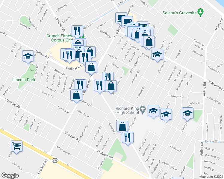 map of restaurants, bars, coffee shops, grocery stores, and more near 4940 Gollihar Road in Corpus Christi
