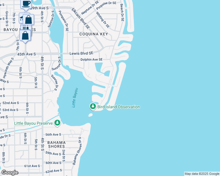 map of restaurants, bars, coffee shops, grocery stores, and more near 5072 Starfish Drive Southeast in St. Petersburg