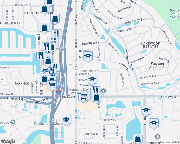 map of restaurants, bars, coffee shops, grocery stores, and more near 2900 49th Terrace South in St. Petersburg