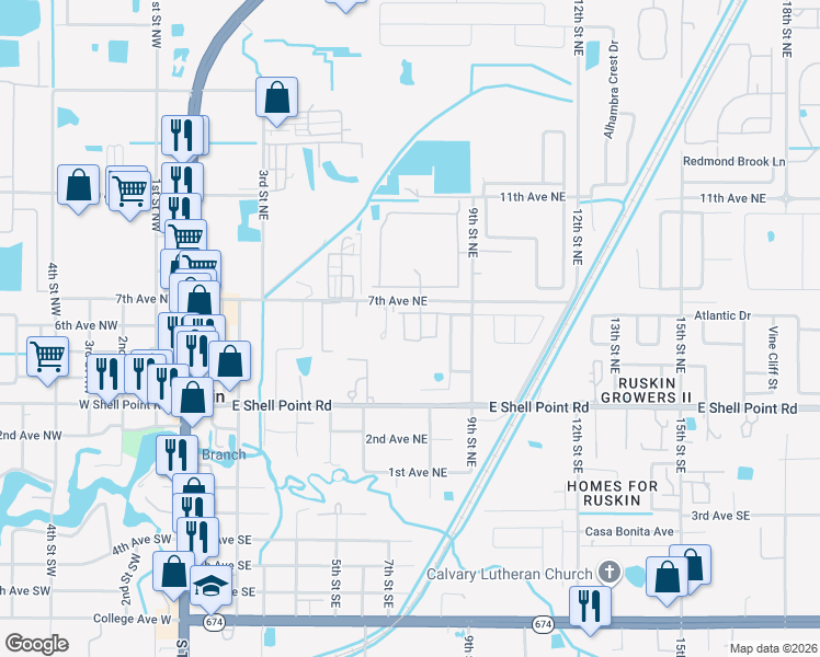 map of restaurants, bars, coffee shops, grocery stores, and more near 510 Glenn Cross Drive in Ruskin