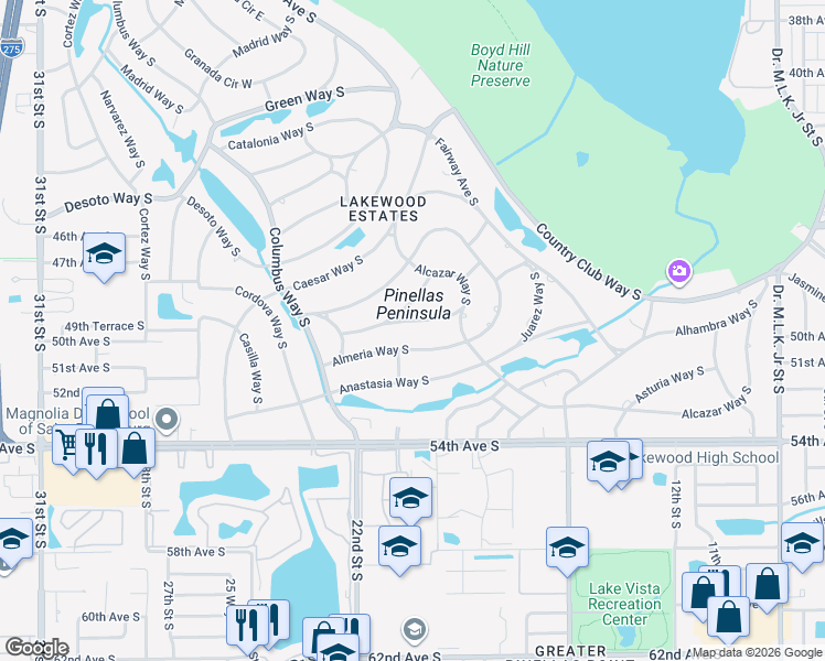 map of restaurants, bars, coffee shops, grocery stores, and more near 2009 Almeria Way South in St. Petersburg