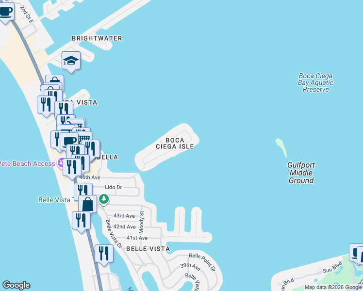 map of restaurants, bars, coffee shops, grocery stores, and more near 722 Boca Ciega Isle Drive in St. Pete Beach