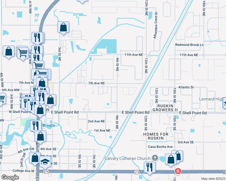 map of restaurants, bars, coffee shops, grocery stores, and more near 503 Delwood Breck Street in Ruskin