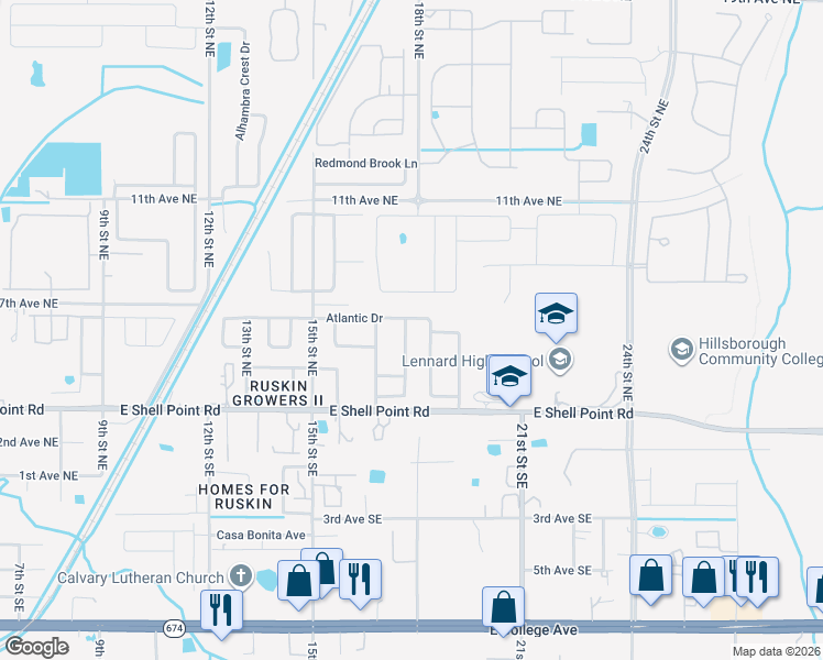 map of restaurants, bars, coffee shops, grocery stores, and more near 421 Vine Cliff Street in Ruskin