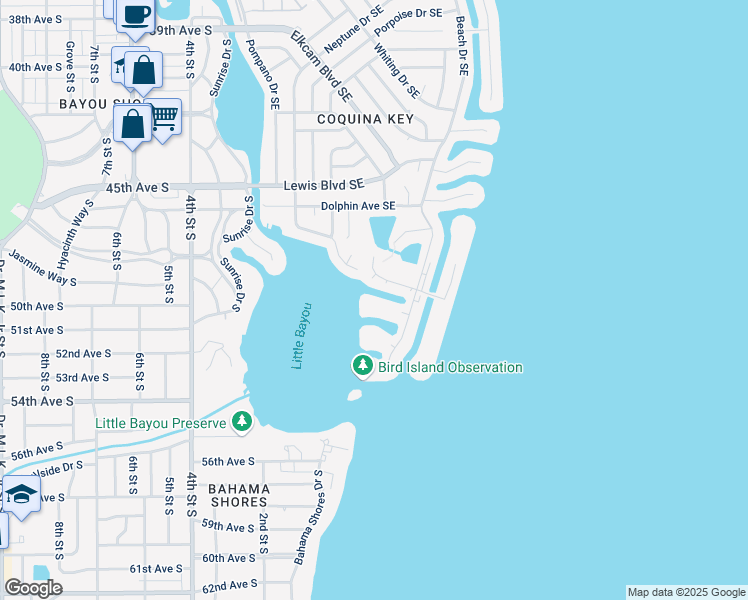 map of restaurants, bars, coffee shops, grocery stores, and more near 5011 Starfish Drive Southeast in St. Petersburg