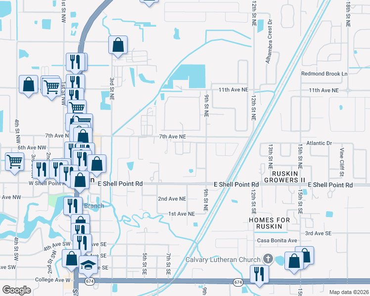 map of restaurants, bars, coffee shops, grocery stores, and more near 523 Glenn Cross Drive in Ruskin