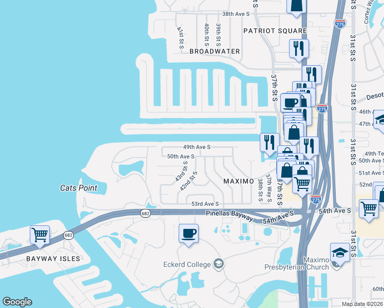 map of restaurants, bars, coffee shops, grocery stores, and more near 5000 43rd Street South in St. Petersburg