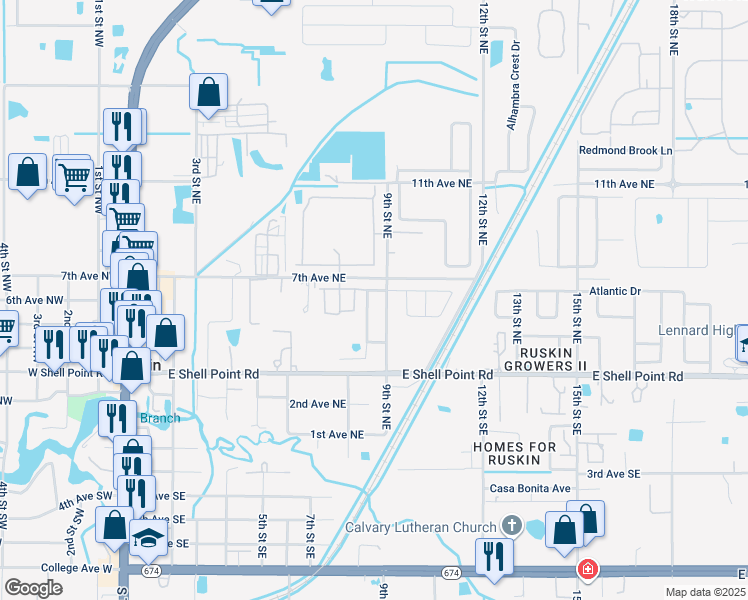 map of restaurants, bars, coffee shops, grocery stores, and more near 503 Delwood Breck Street in Ruskin