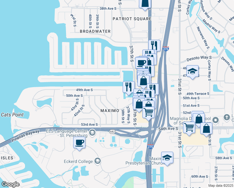 map of restaurants, bars, coffee shops, grocery stores, and more near 4913 38th Way South in St. Petersburg
