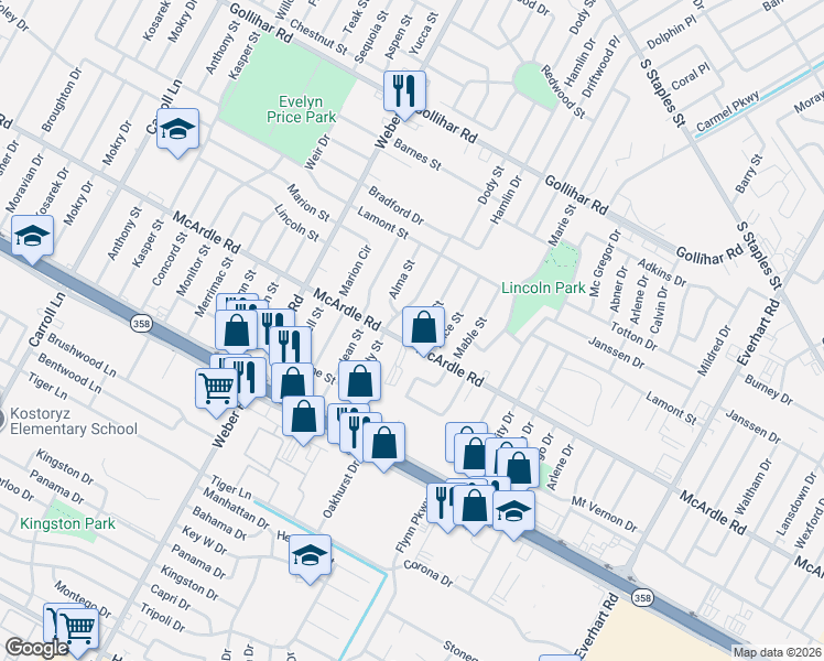 map of restaurants, bars, coffee shops, grocery stores, and more near 4830 Edith Street in Corpus Christi