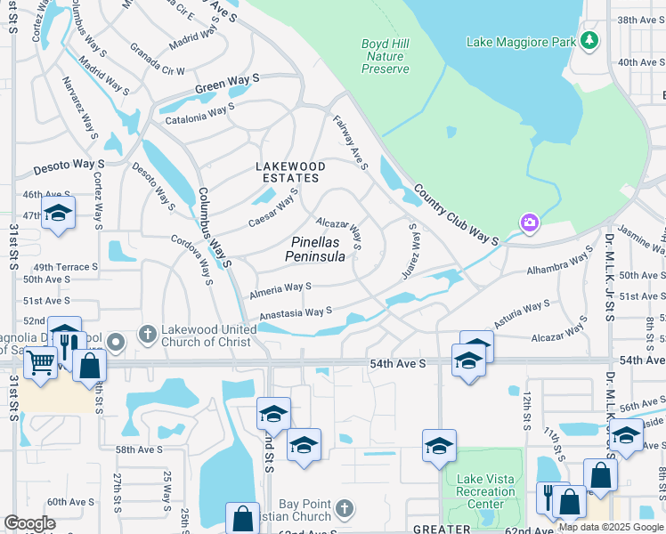 map of restaurants, bars, coffee shops, grocery stores, and more near 1930 Barcelona Way South in St. Petersburg
