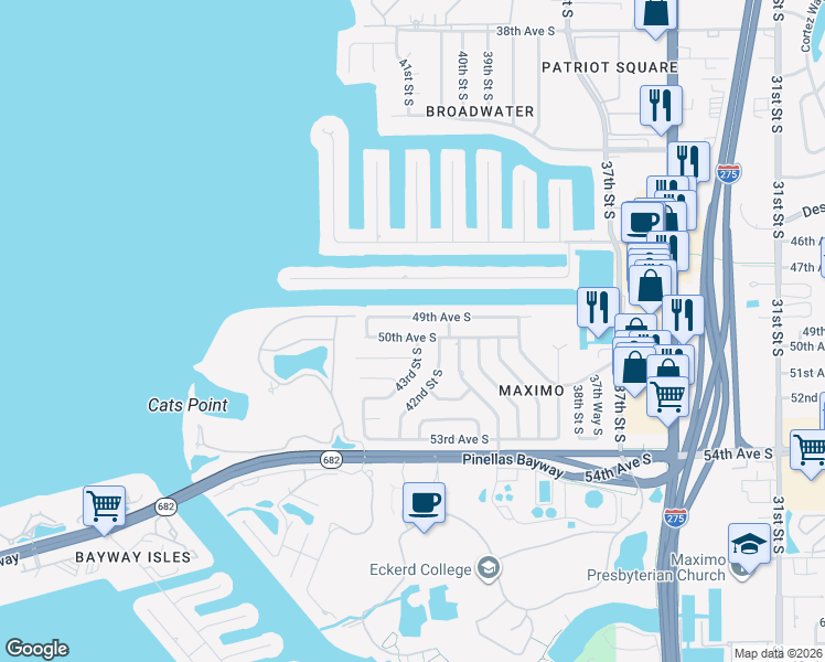 map of restaurants, bars, coffee shops, grocery stores, and more near 4301 50th Avenue South in St. Petersburg
