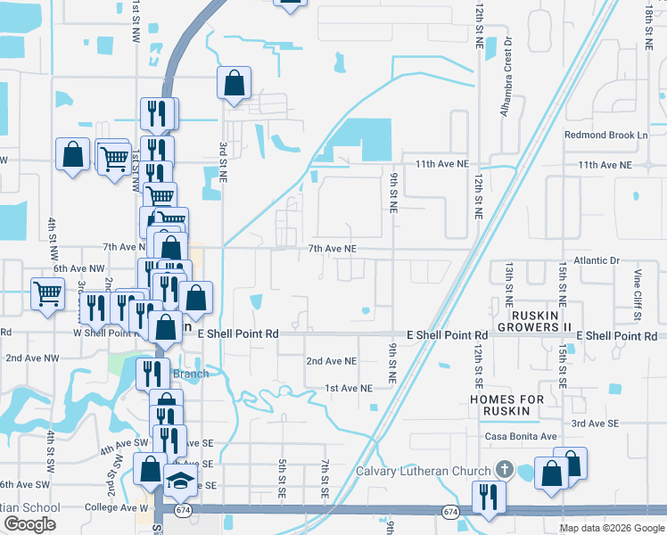 map of restaurants, bars, coffee shops, grocery stores, and more near 510 Glenn Cross Drive in Ruskin