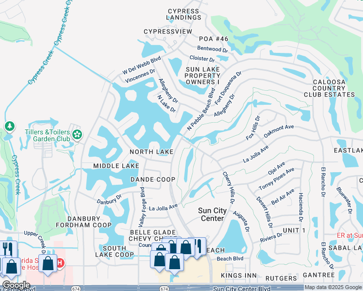 map of restaurants, bars, coffee shops, grocery stores, and more near 1613 North Pebble Beach Boulevard in Sun City Center