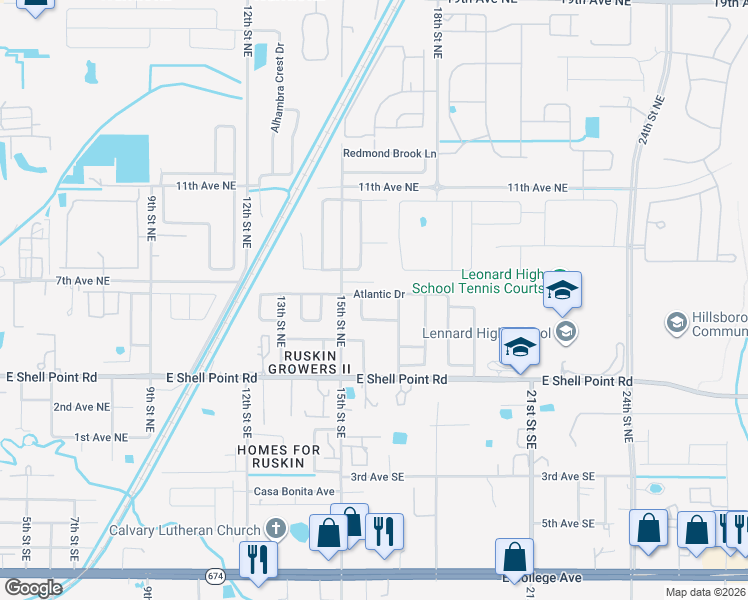map of restaurants, bars, coffee shops, grocery stores, and more near 1607 Atlantic Drive in Ruskin