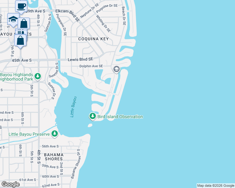 map of restaurants, bars, coffee shops, grocery stores, and more near 5055 Coquina Key Drive Southeast in St. Petersburg