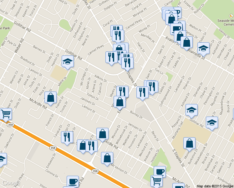 map of restaurants, bars, coffee shops, grocery stores, and more near 4622 Mildred Drive in Corpus Christi
