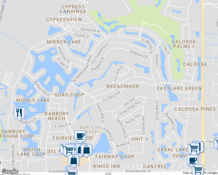 map of restaurants, bars, coffee shops, grocery stores, and more near 812 Fox Hills Drive in Sun City Center