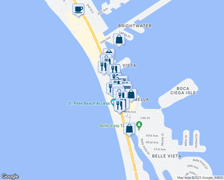 map of restaurants, bars, coffee shops, grocery stores, and more near 4900 Gulf Boulevard in St. Pete Beach