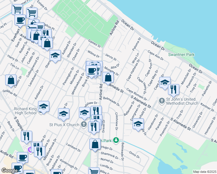 map of restaurants, bars, coffee shops, grocery stores, and more near 4855 South Alameda Street in Corpus Christi