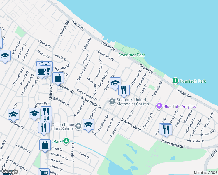 map of restaurants, bars, coffee shops, grocery stores, and more near 5241 Kentner Street in Corpus Christi