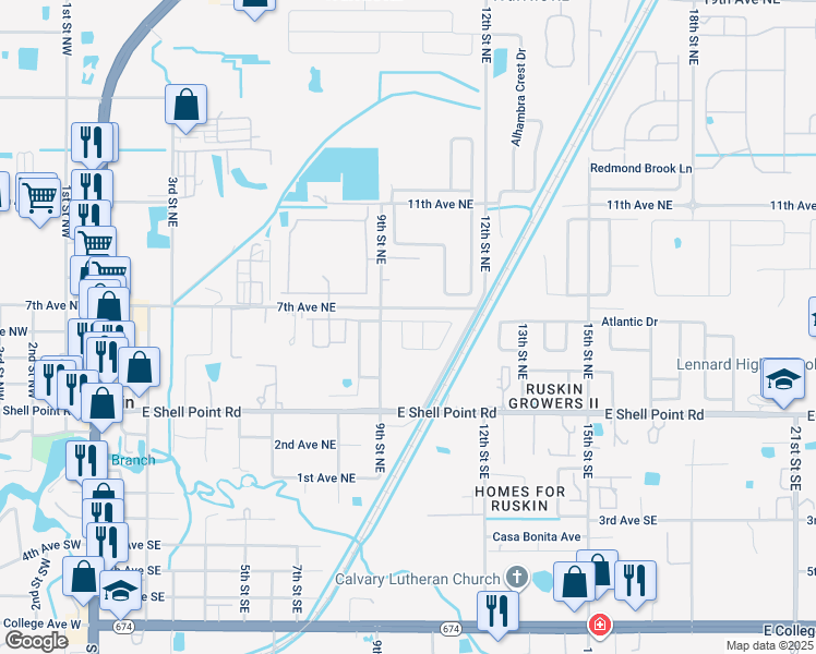 map of restaurants, bars, coffee shops, grocery stores, and more near 1225 Barclay Wood Drive in Ruskin