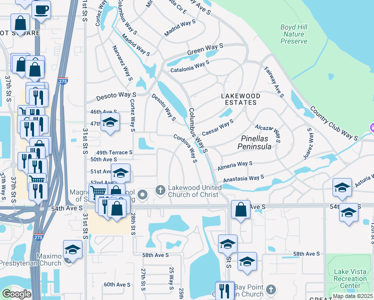 map of restaurants, bars, coffee shops, grocery stores, and more near 5026 Casilla Way South in St. Petersburg