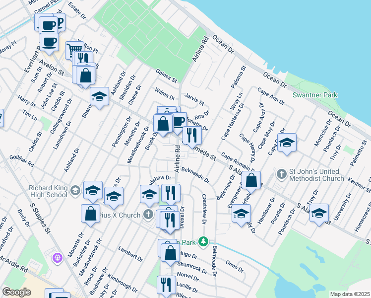 map of restaurants, bars, coffee shops, grocery stores, and more near 4855 South Alameda Street in Corpus Christi
