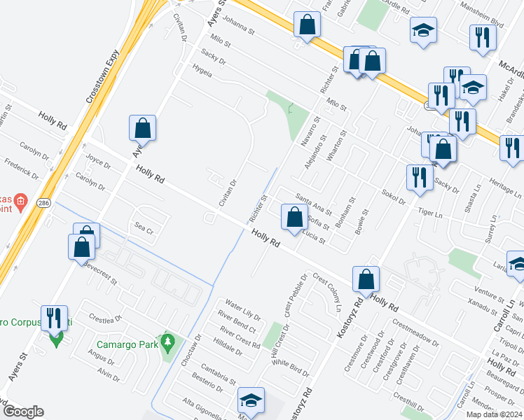 map of restaurants, bars, coffee shops, grocery stores, and more near 5541 Candace Street in Corpus Christi