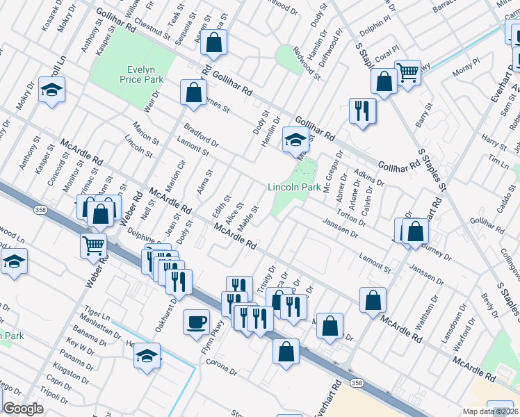 map of restaurants, bars, coffee shops, grocery stores, and more near 4806 Marie Street in Corpus Christi