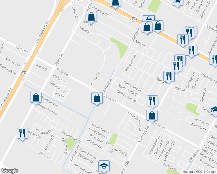 map of restaurants, bars, coffee shops, grocery stores, and more near 2802 Holly Road in Corpus Christi