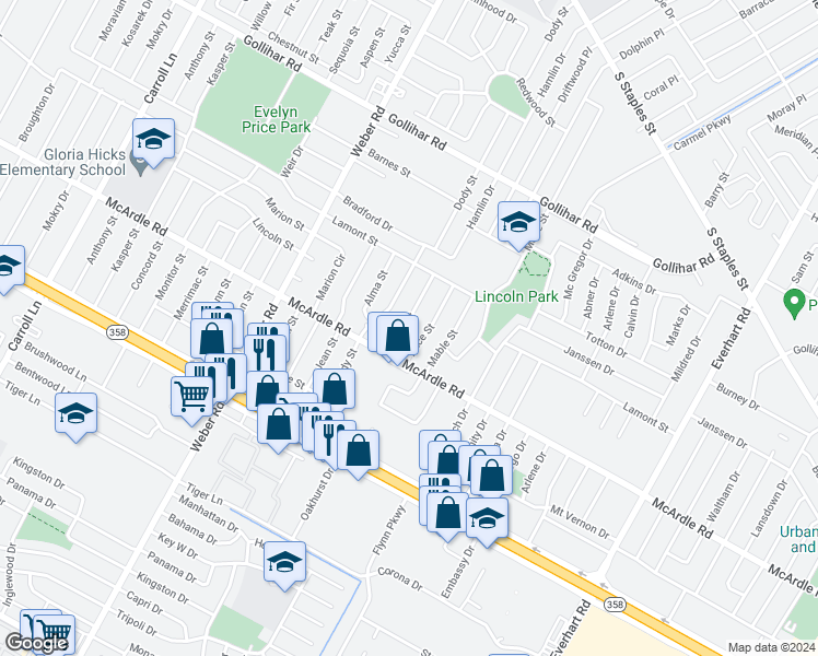 map of restaurants, bars, coffee shops, grocery stores, and more near 4814 Edith Street in Corpus Christi